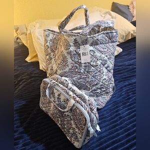 Paisley Quilted Tote and Cosmetic Bag Set